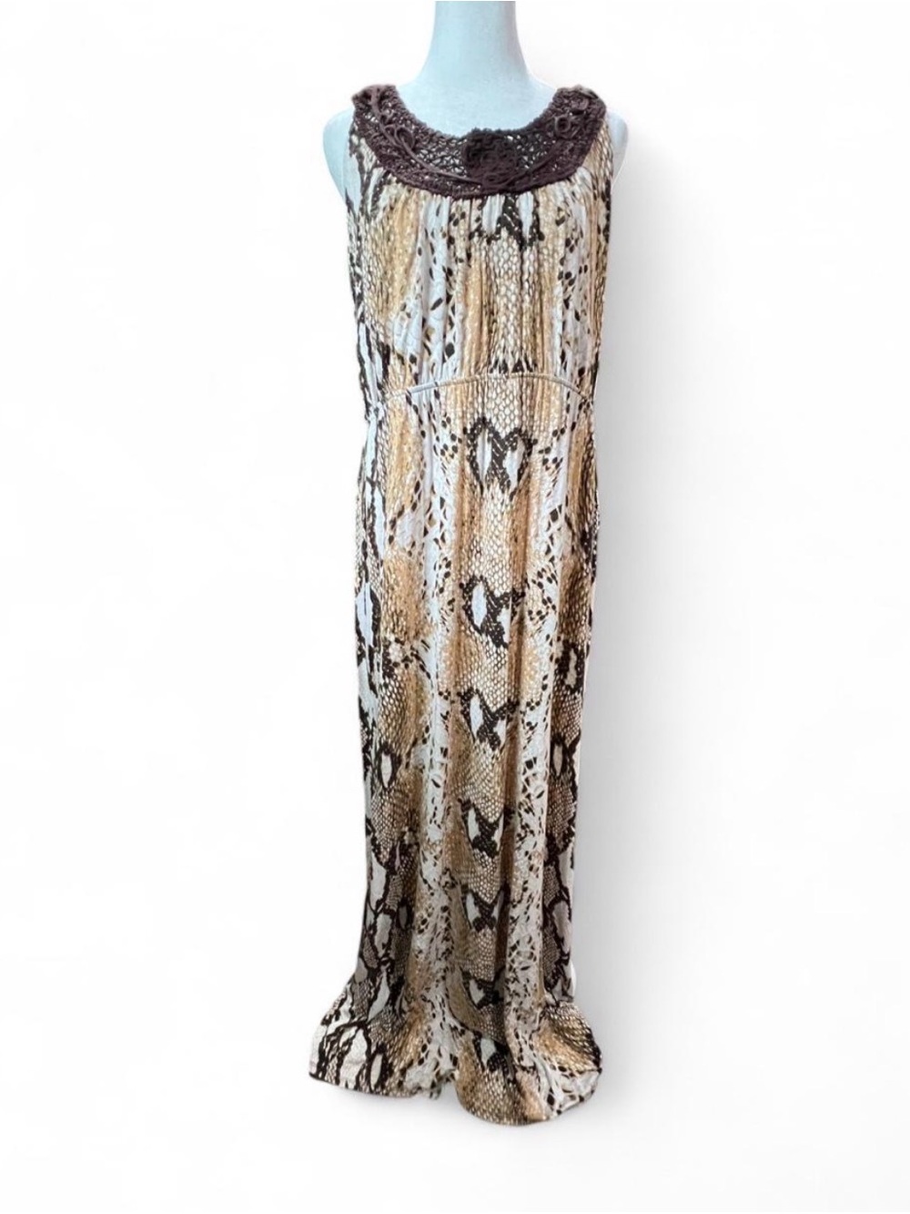 Chelsea & Theodore Brown and Beige Crochet-Trim Snake Print Dress